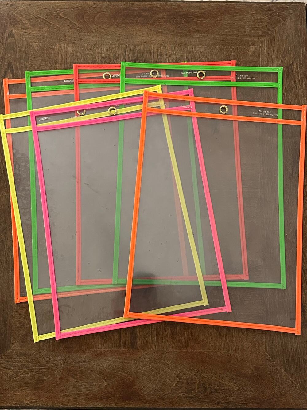 Set of 7 Dry Erase Pockets – Mixed Colors – Used – Reusable Classroom Sleeves